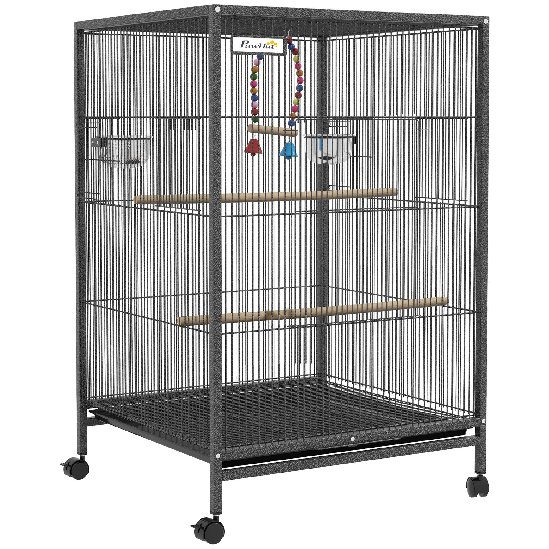 Cage oiseau sur pied cage sur roulettes avec balançoire, perchoirs et plateau coulissant 48 x 46 x 78 cm en acier noir
