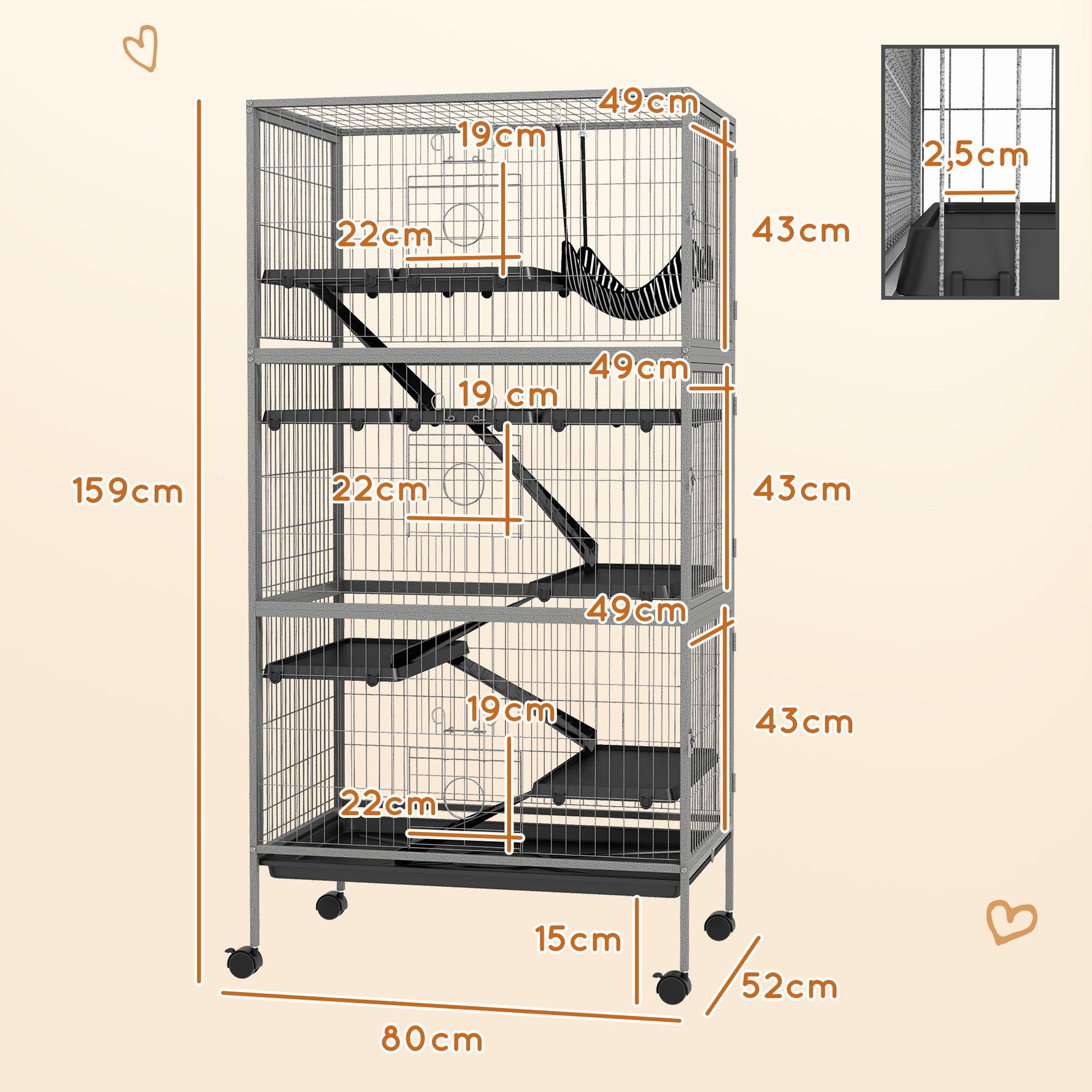 Cage pour rongeurs multifonction 4 plateformes 3 rampes 4 portes dim. 80L x 52l x 159H cm acier gris argenté noir
