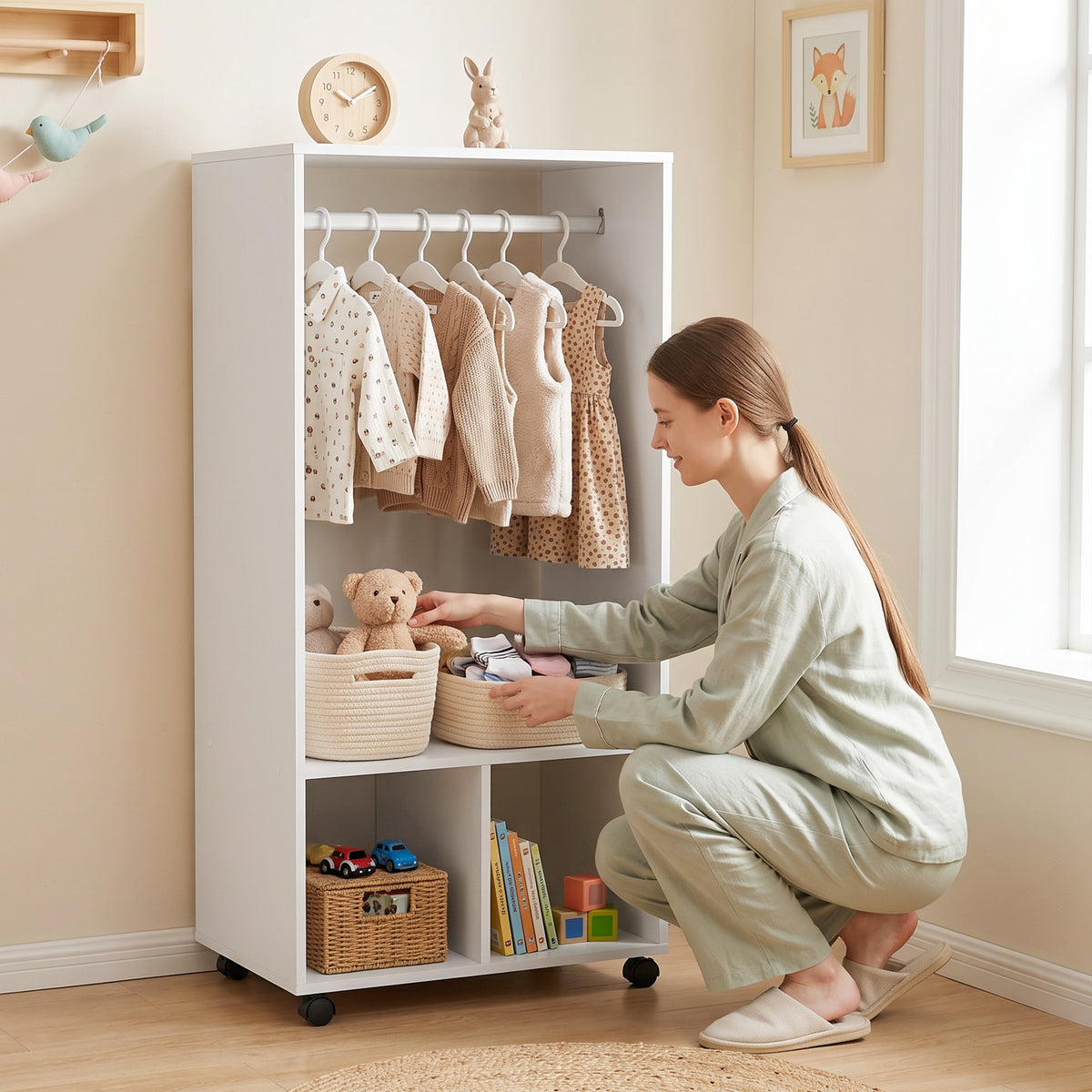 Armoire penderie étagère 2 niches 4 roulettes pivotantes dim. 60L x 40l x 128H cm Blanc