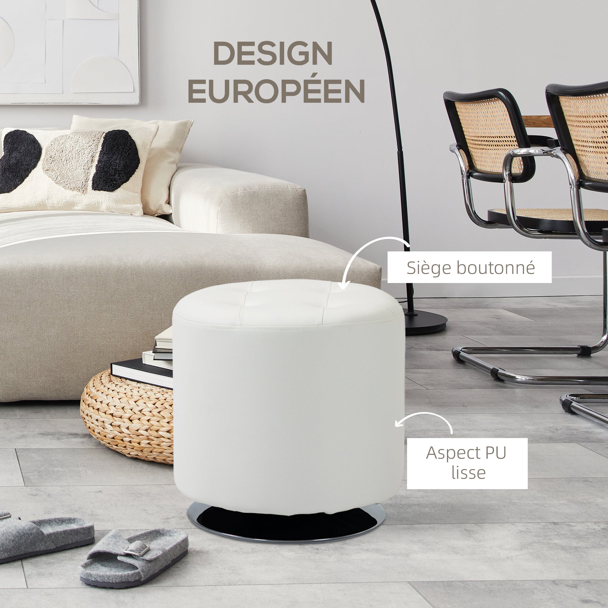 Repose pied salon pivotant à 360°, ottoman rond rembourré en PU avec base en acier, Ø 45,5 x 44,5 cm, blanc