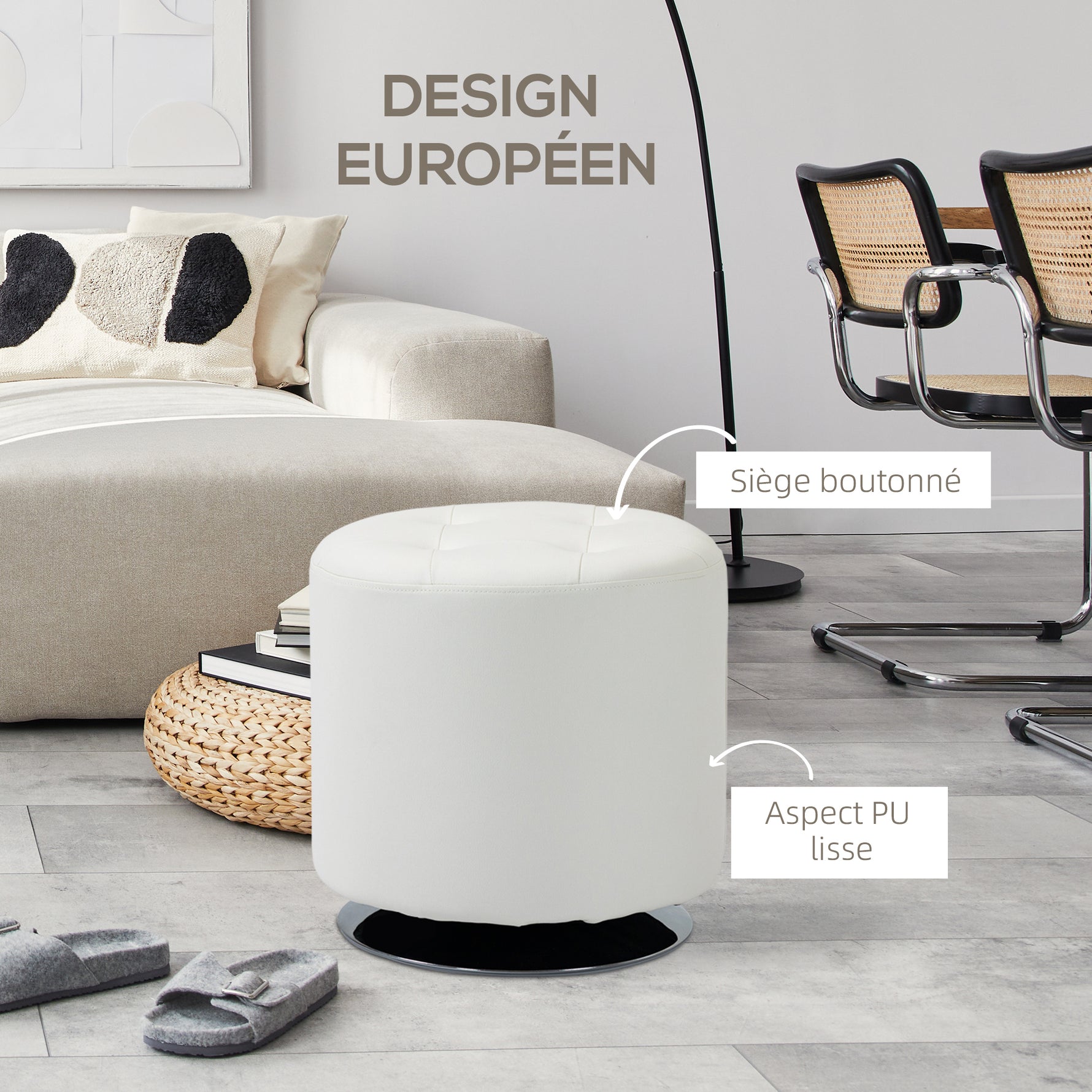Repose pied salon pivotant à 360°, ottoman rond rembourré en PU avec base en acier, Ø 45,5 x 44,5 cm, blanc