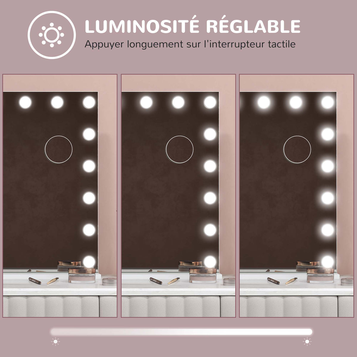 LED ispilu argiztatua, intentsitate erregulagarria, handiagotze-ispilua, USB kargatze-ataka, 80 x 62 cm
