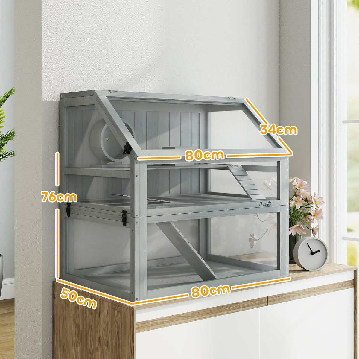 Jaula para hámster y roedores de 3 niveles, base profunda extraíble, casita, columpio, 80x50x76 cm gris claro