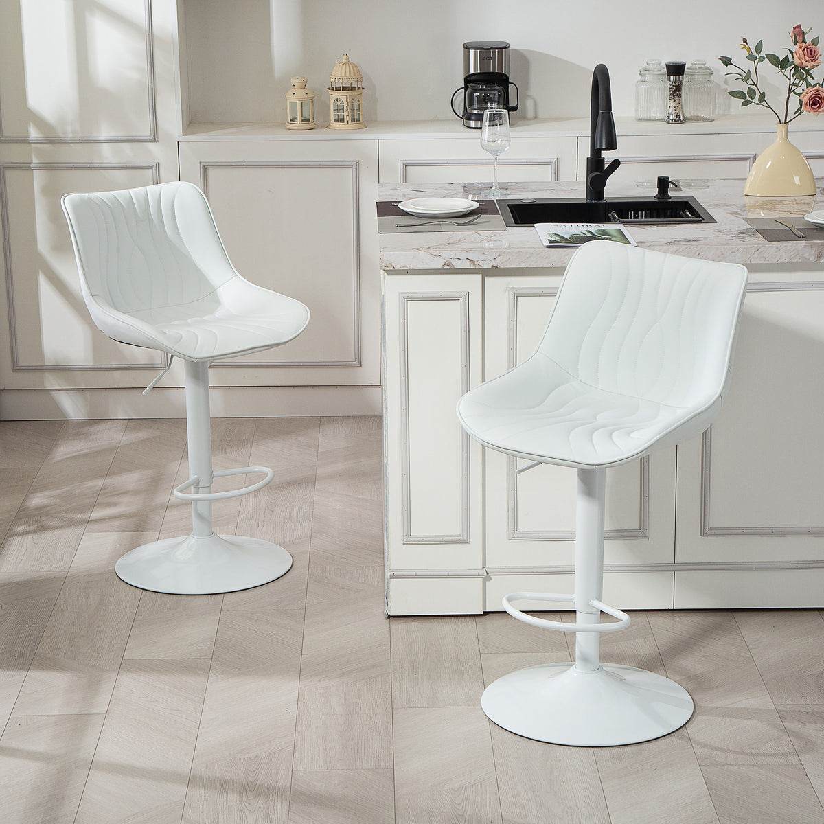 Lot de 2 tabourets de bar, chaises de bar structure en acier hauteur réglable 92-110 cm, dossier repose-pieds blanc