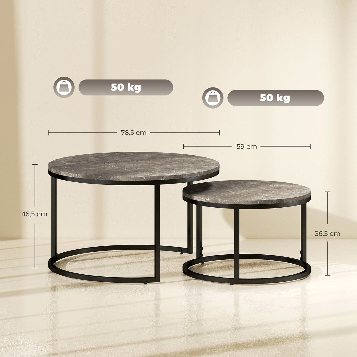 Juego de 2 mesas de centro nido apilables de diseño industrial con tablero imitación cemento y patas de metal gris