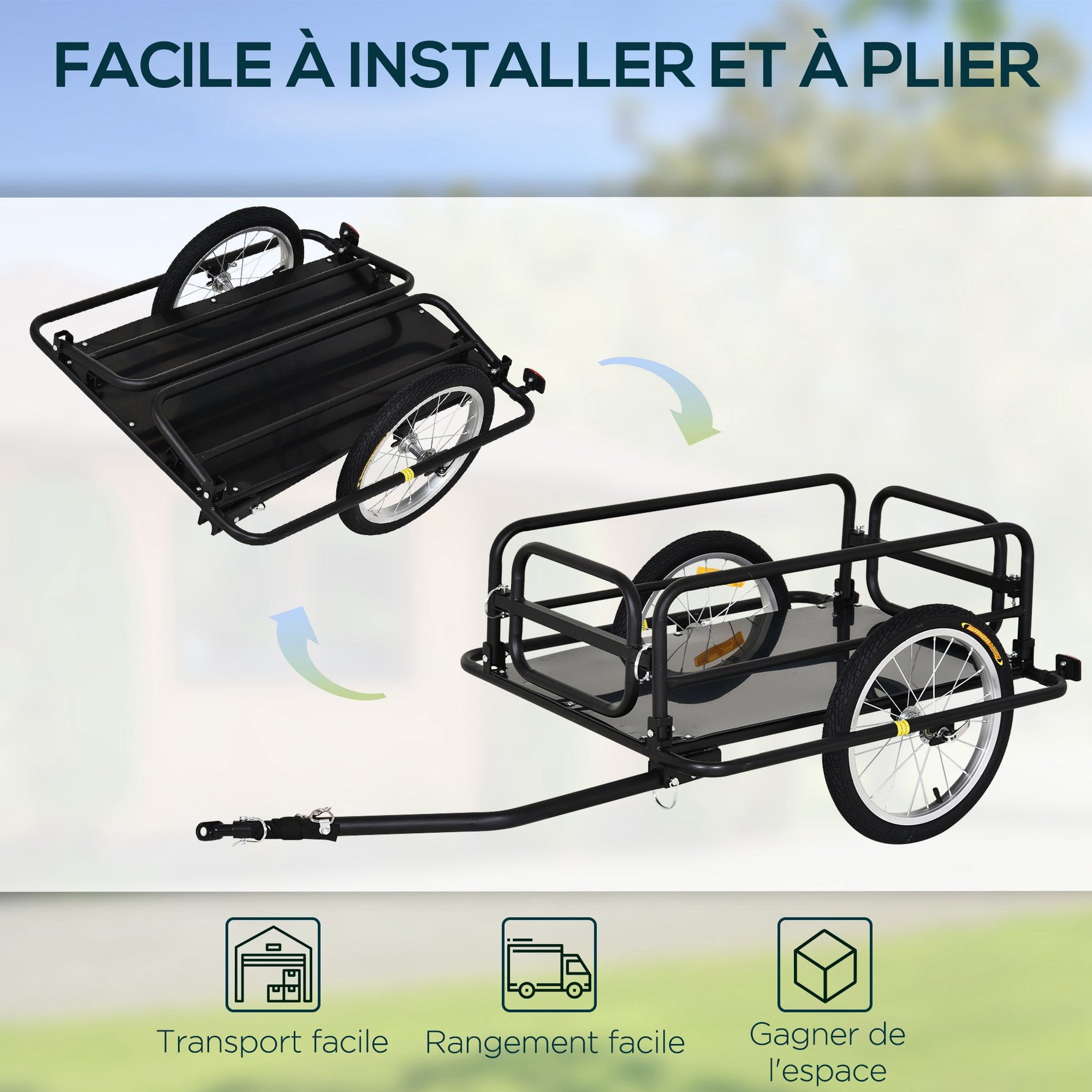 Remorque vélo remorque de transport pour vélo 70L 139L x 71,5l x 49H cm barre d'attelage universelle acier noir