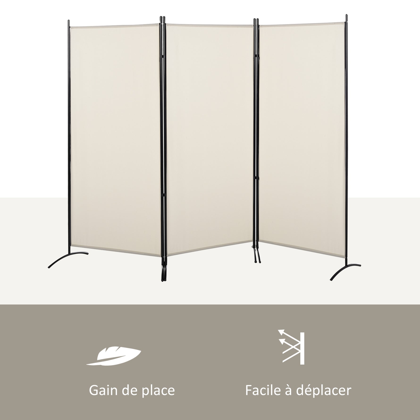 Paravent 3 panneaux dim. 2,53L x 0,5l x 1,82H m Store latéral Brise-Vue paravent sur Pied séparateur métal Polyester