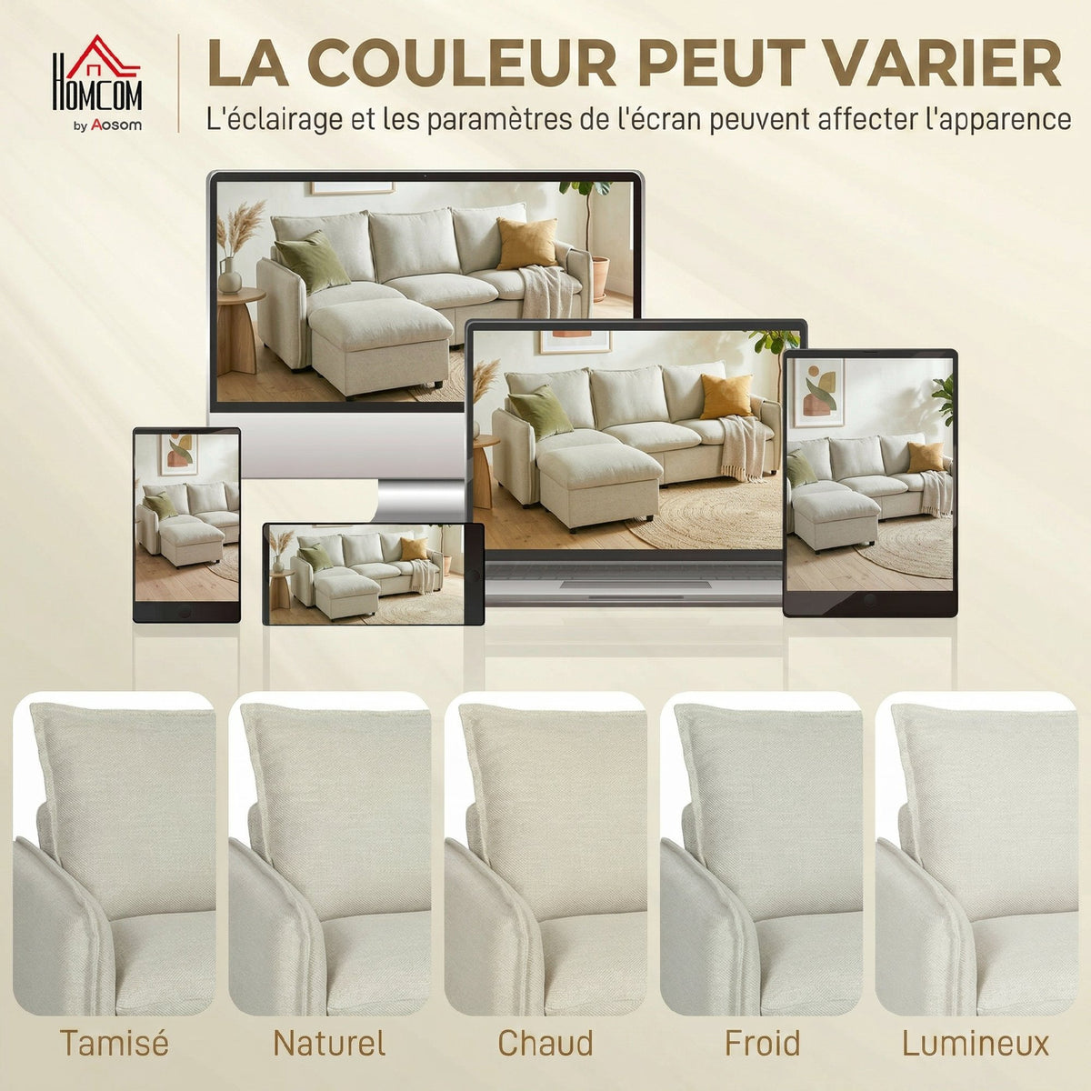 Canapé 3 places avec pouf de rangement, canapé d'angle modulable 212 cm, coussins à ressorts, tissu en lin, crème