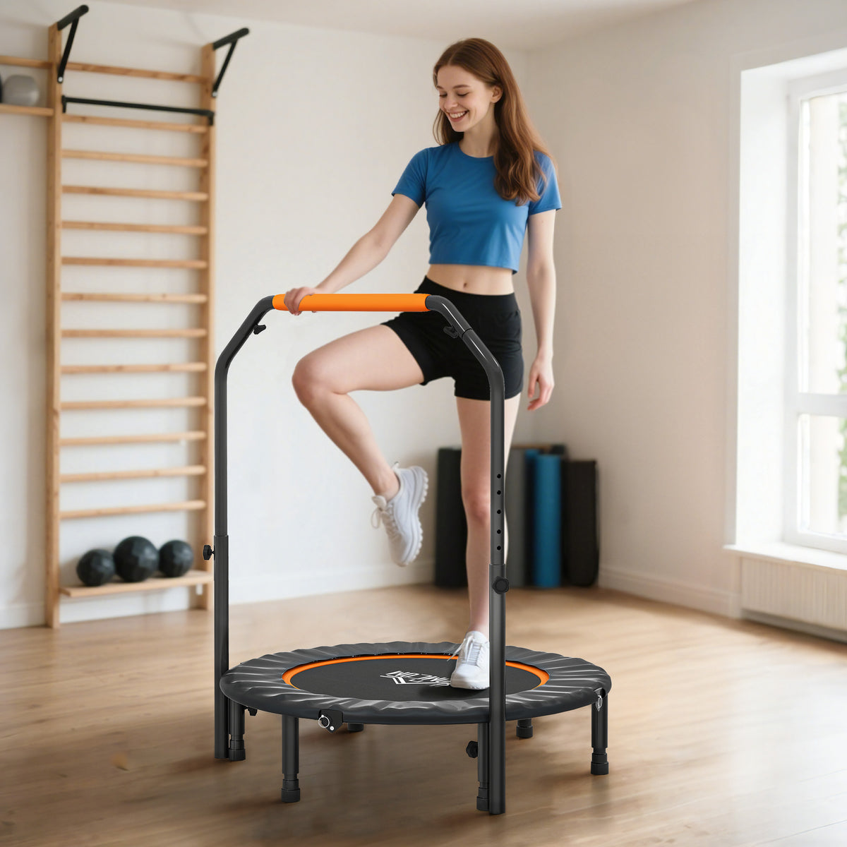 Fitness-Trampolin mit verstellbarem Haltegriff, klappbar, 6 Beine, 28 Federn, Ø 102 cm, schwarz-orange