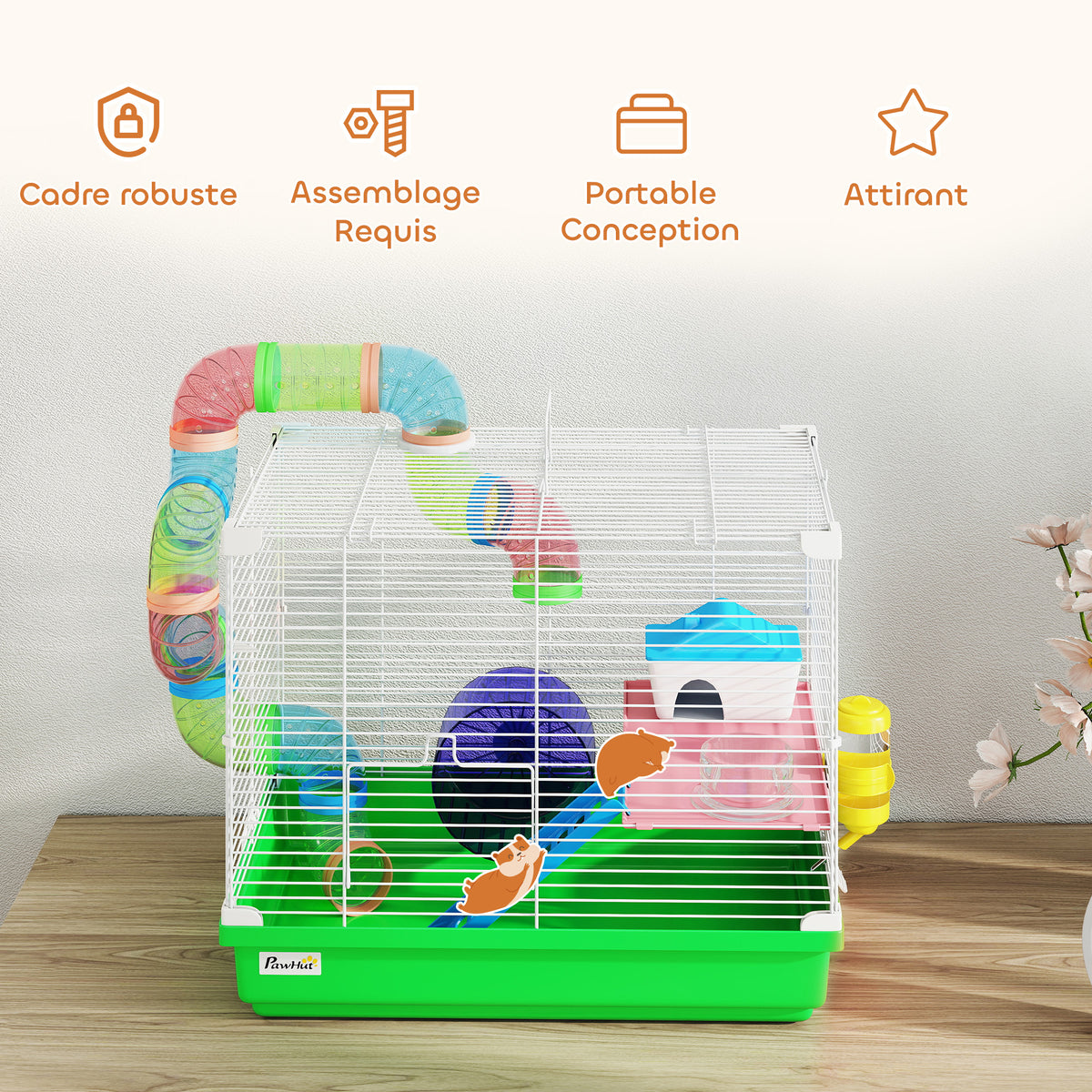 Cage à hamster rongeur 2 niveaux avec tunnel, biberon eau, roue, maisonnette, échelles 46 x 30 x 37 cm vert