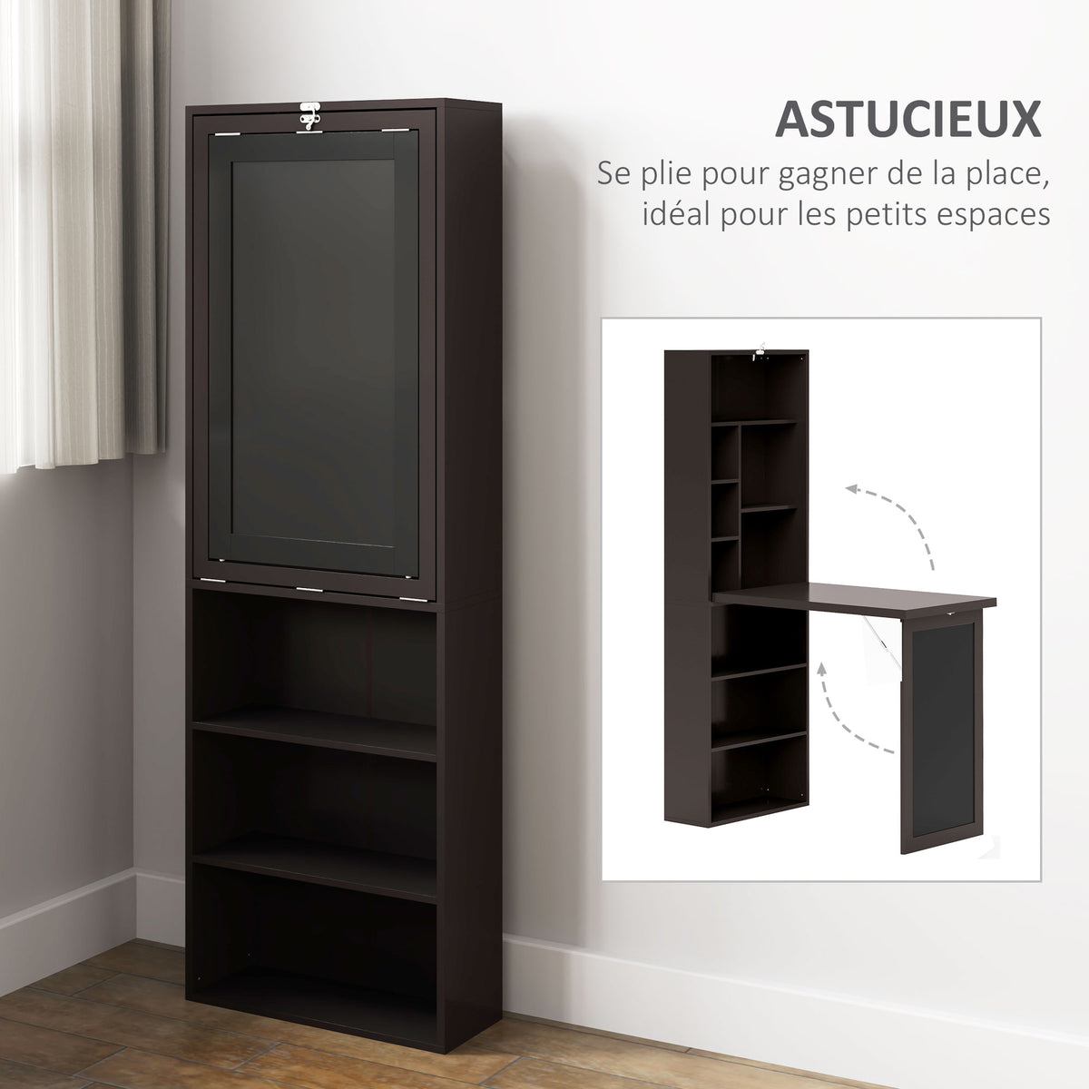 Bureau avec rangement pliable murale rabattable avec bibliothèque poste de travail tableau à craie et étagère réglable