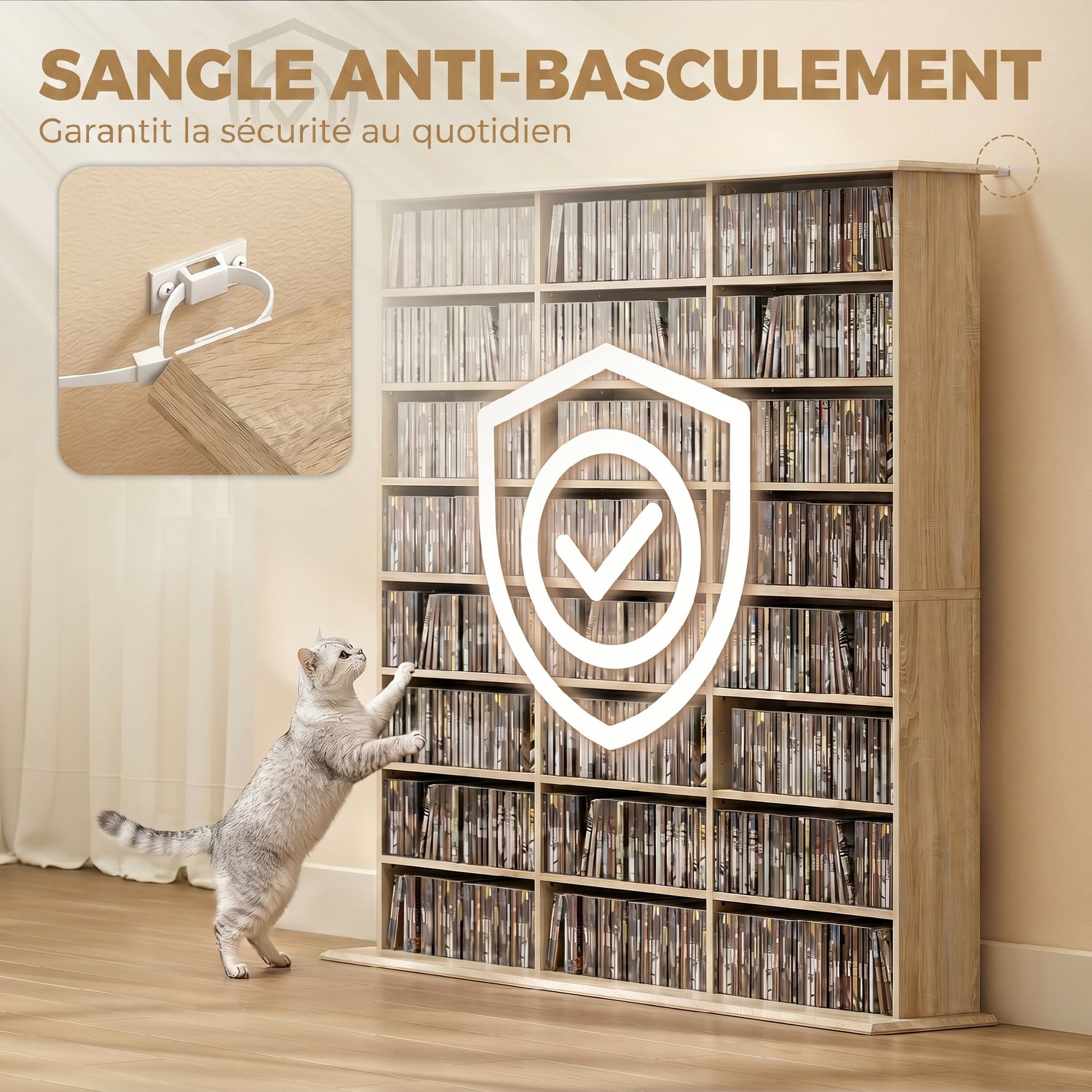 Meuble de rangement 1032 CDs / 594 DVDs, étagère multimédia, 24 compartiments et 18 étagères ajustables, chêne