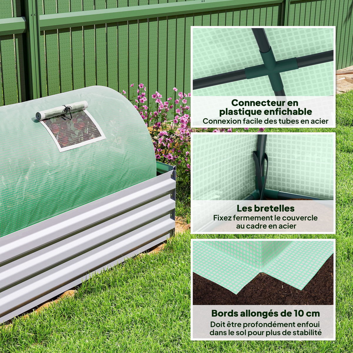 Serre de jardin tunnel 5 fenêtres enroulables bâche PE 140 g/㎡ métal époxy 300 x 80 x 45 cm vert