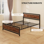 Cadre de lit double 200 x 160 cm en acier avec sommier et tête de lit compatible matelas aspect bois foncé