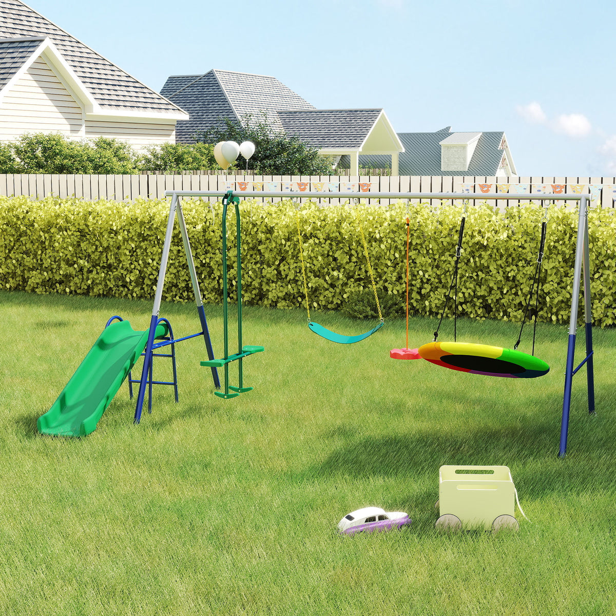 Balançoire Portique Enfants 5 en 1 avec Toboggan, 3 Balançoire, Face à Face, Hauteur Réglable, 3-8 ans, Multicolore