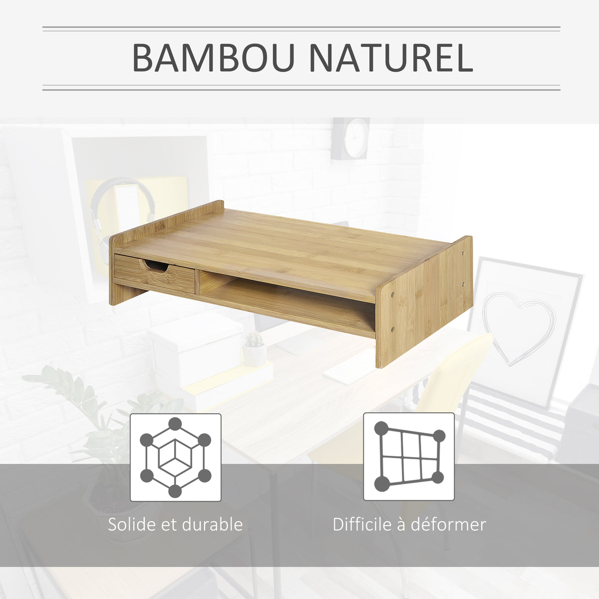 Monitorständer, Laptop-TV-Sockel, Desktop-Organizer mit Schublade aus Bambus