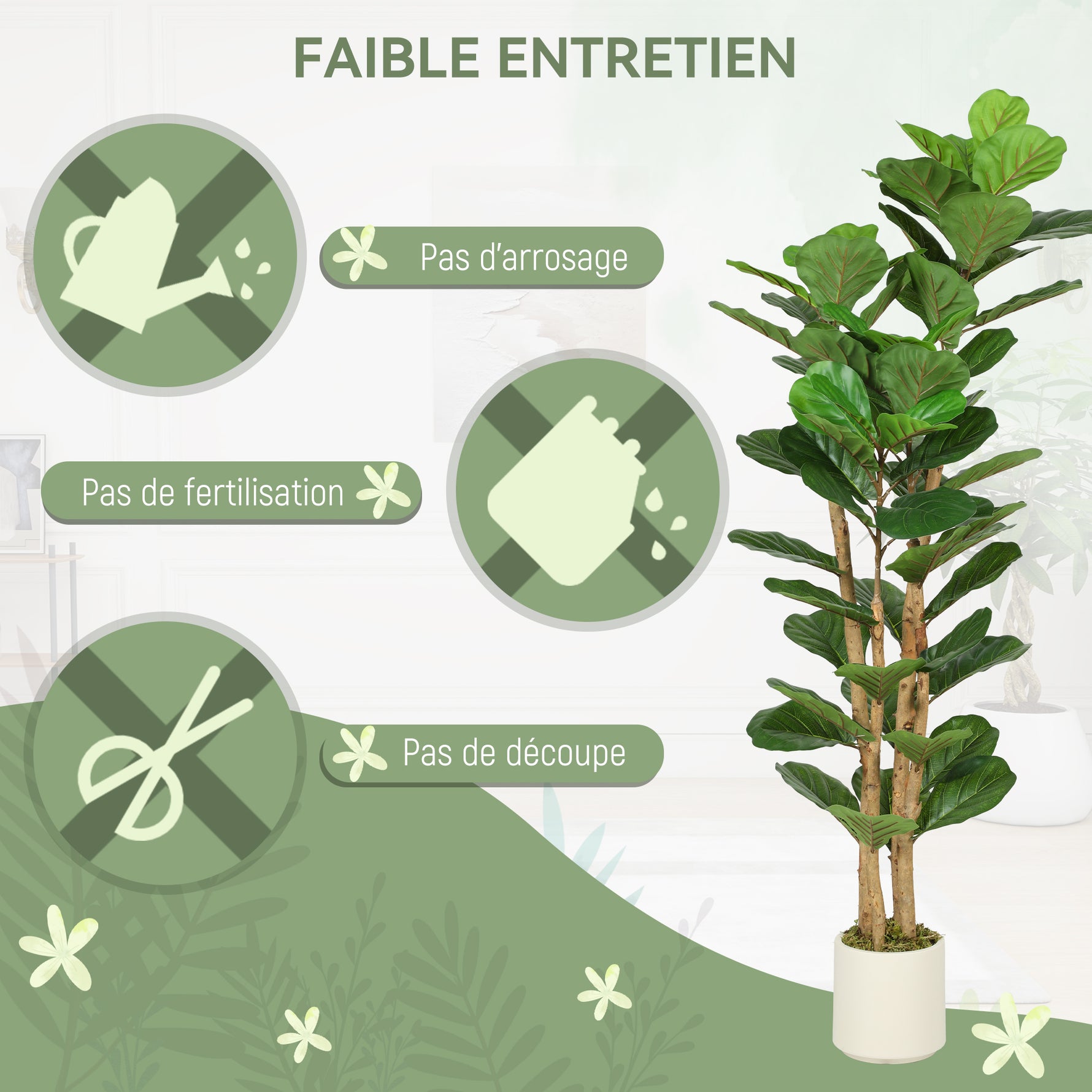 Plante artificielle intérieure 150 cm Figuier lyre arbre artificiel avec pot en plastique et tronc en bois massif, vert