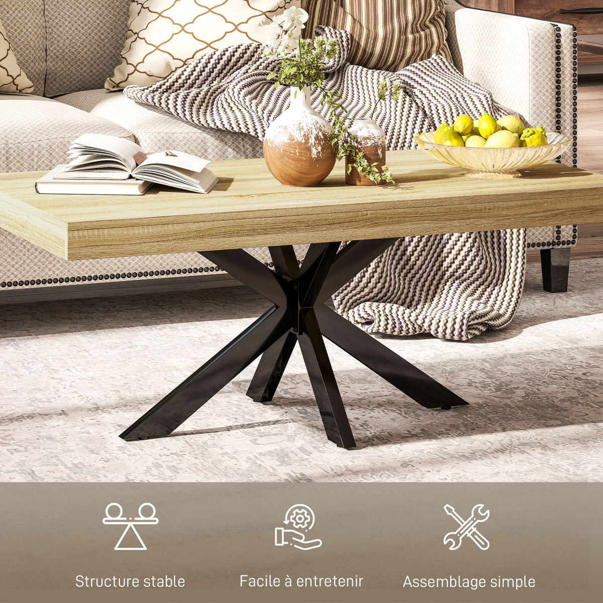 Table Basse rectangulaire table d'appoint Style Industriel en métal Noir et Plateau aspect Bois - dim. 110 x 60 x 45cm