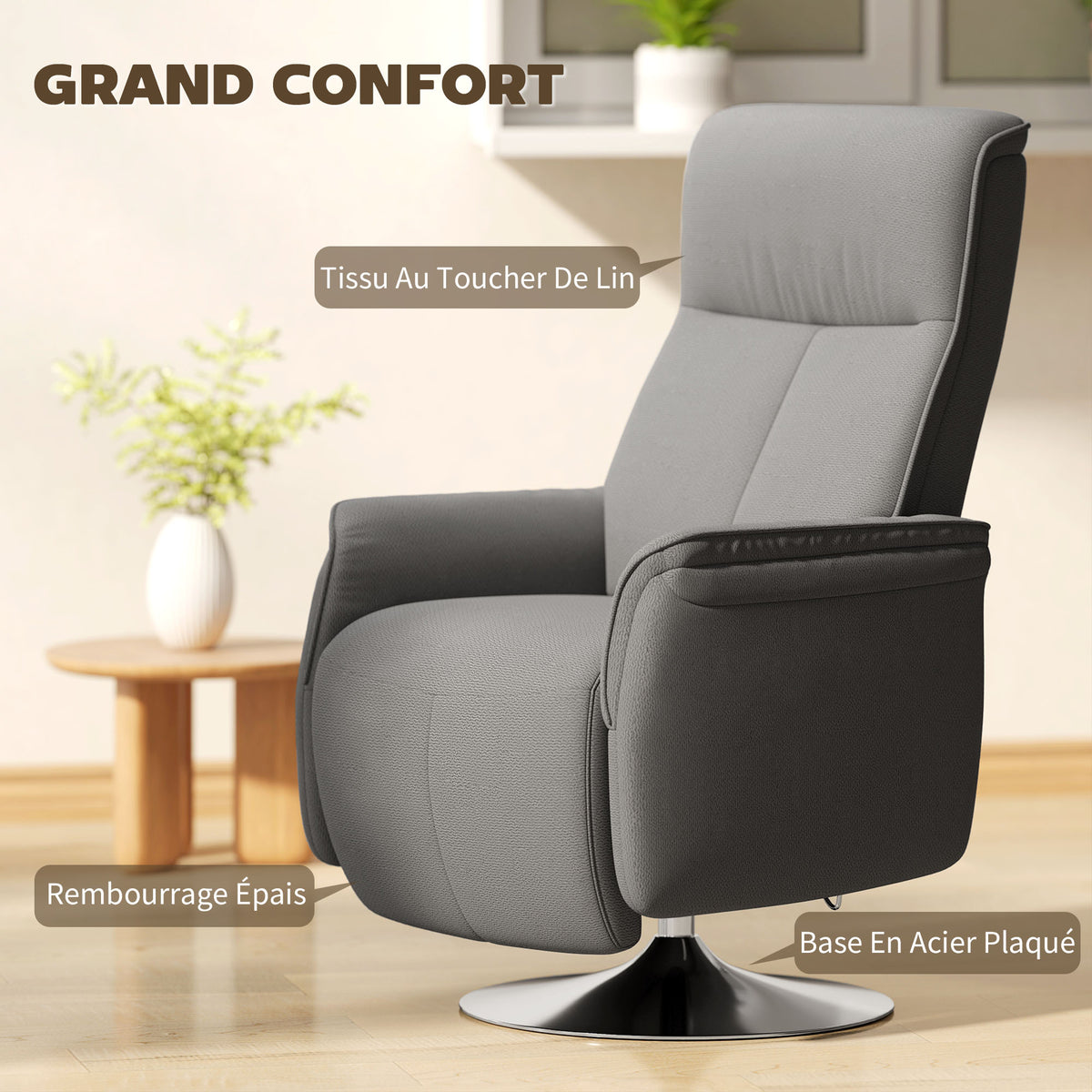 Fauteuil relax massant fauteuil de relaxation inclinable pivotant dossier et repose-pieds réglable 68,5x77x117cm gris