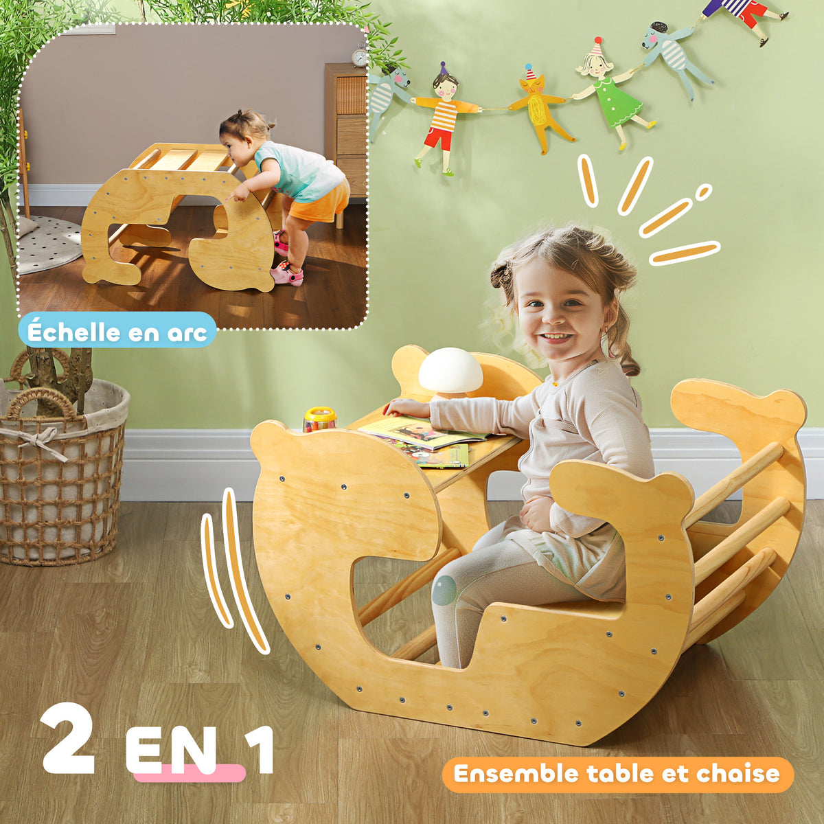 Arche d'escalade pour enfants, table à jouets pour enfants 18-48 mois, design 2 en 1, charge max. 50 kg, bois naturel