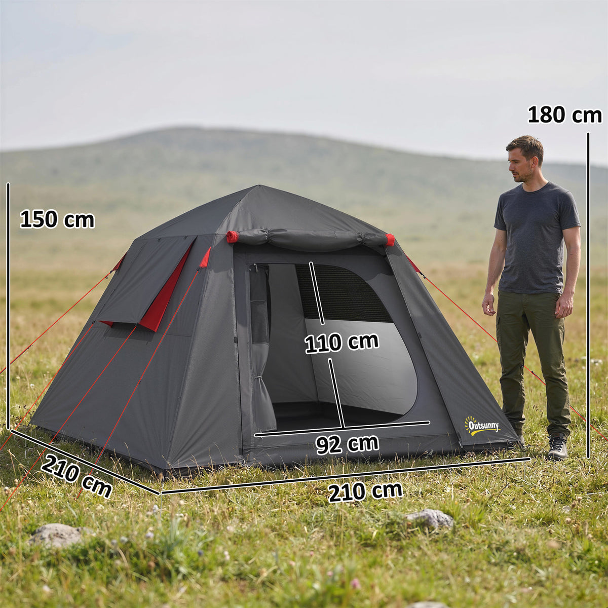 Tenda da Campeggio a Cupola 2 Persone 3-4 Stagioni Impermeabile 3000mm Montaggio Facile 2 Porte 210x210x150cm Grigio Scuro