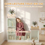 Bibliothèque Enfant, Meuble Rangement Enfant 3 en 1 avec Banc, 6 Compartiments, 2 Étagères, Coussin d'Assise, Blanc