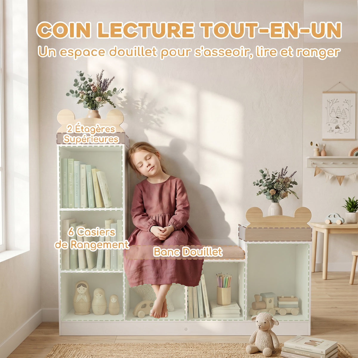 Bibliothèque Enfant, Meuble Rangement Enfant 3 en 1 avec Banc, 6 Compartiments, 2 Étagères, Coussin d'Assise, Blanc