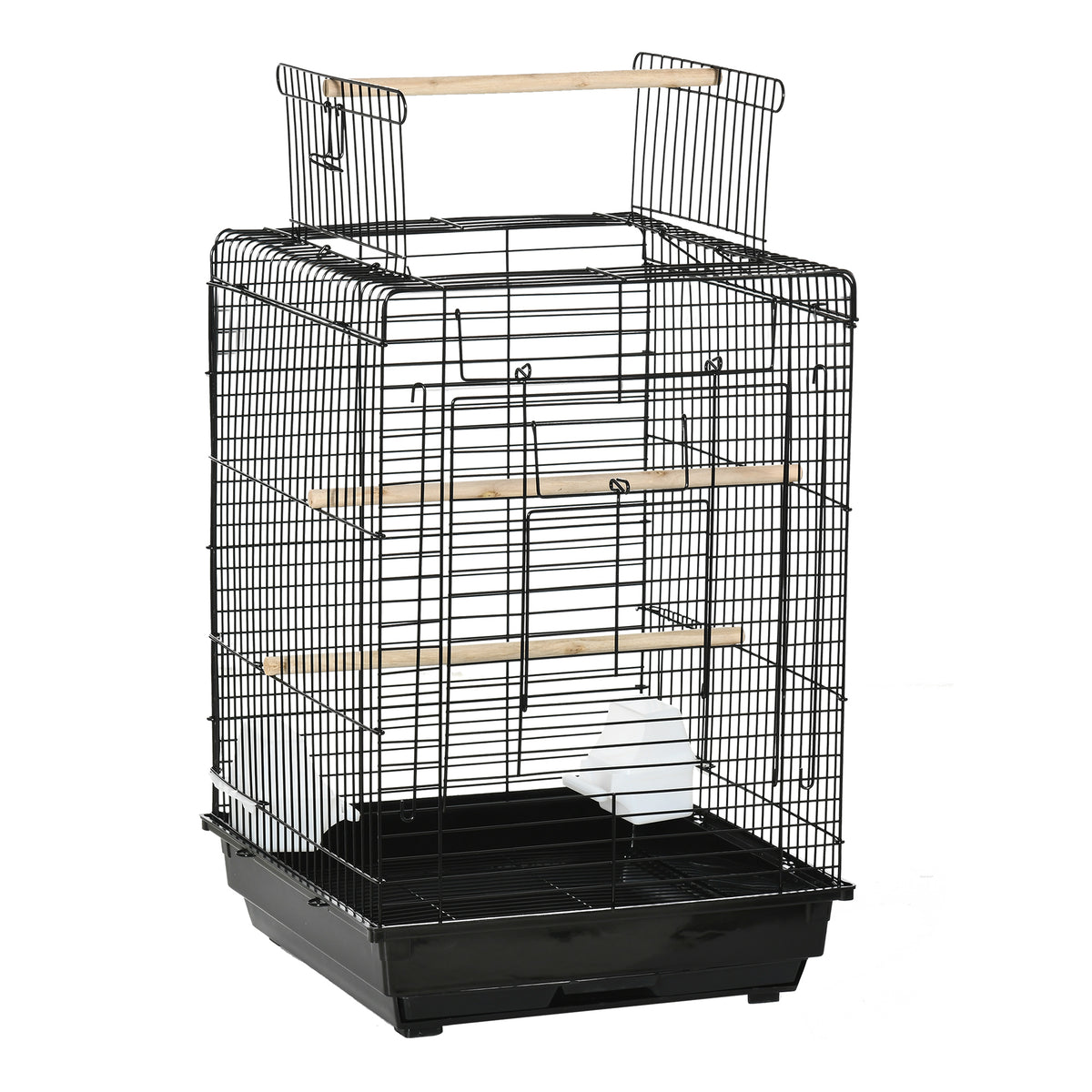 Cage à oiseaux en métal avec mangeoires perchoirs plateau amovible poignée dim. 40L x 40l x 59H cm noir