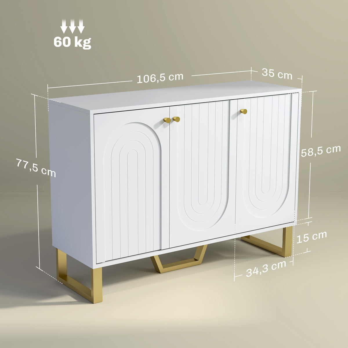 Buffet de salon avec placard à portes et étagère réglable, 106,5 x 35 x 77,5 cm, blanc