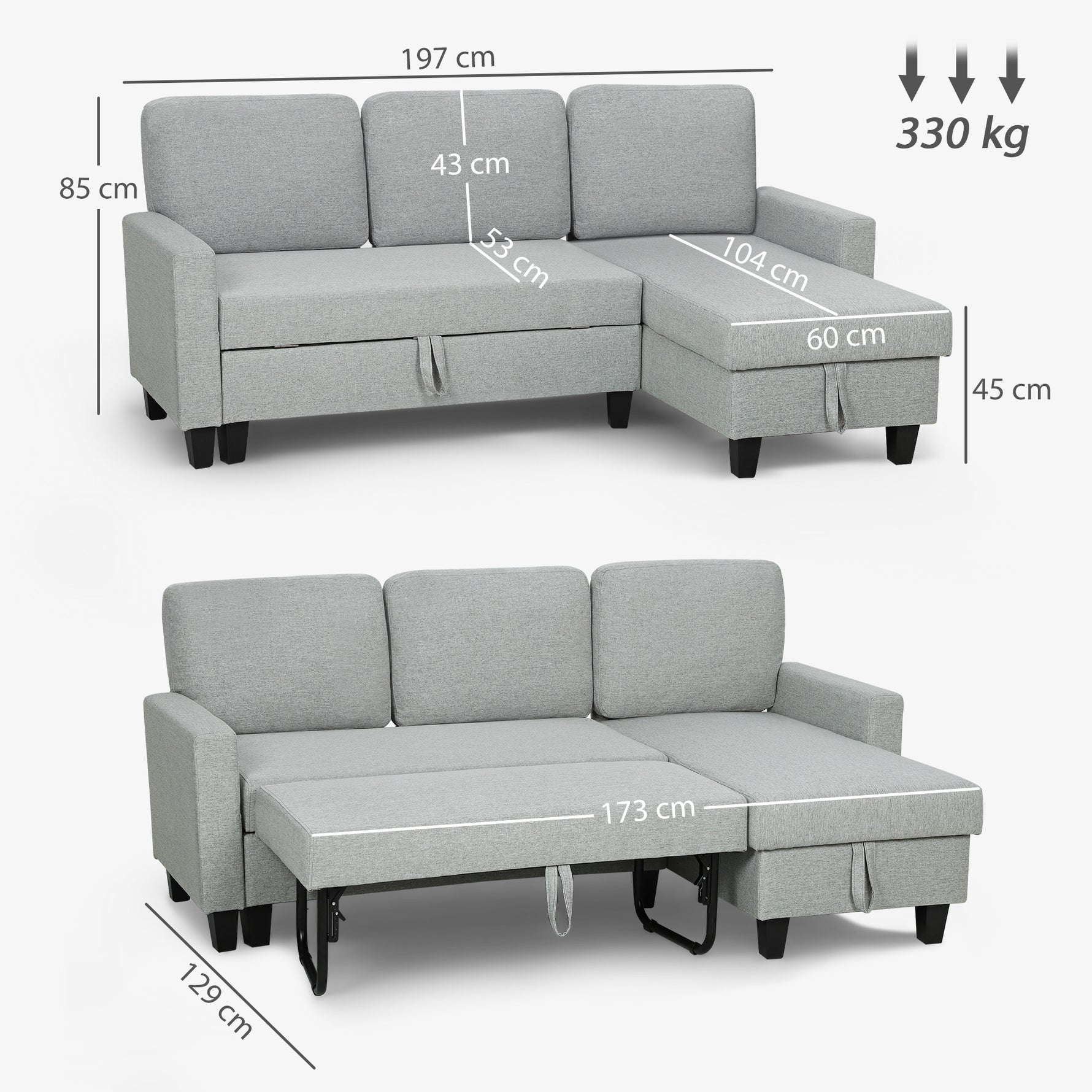 Canapé d'angle convertible réversible, canapé-lit 3 places, méridienne, coffre de rangement, 197lx129x 85cm, gris clair