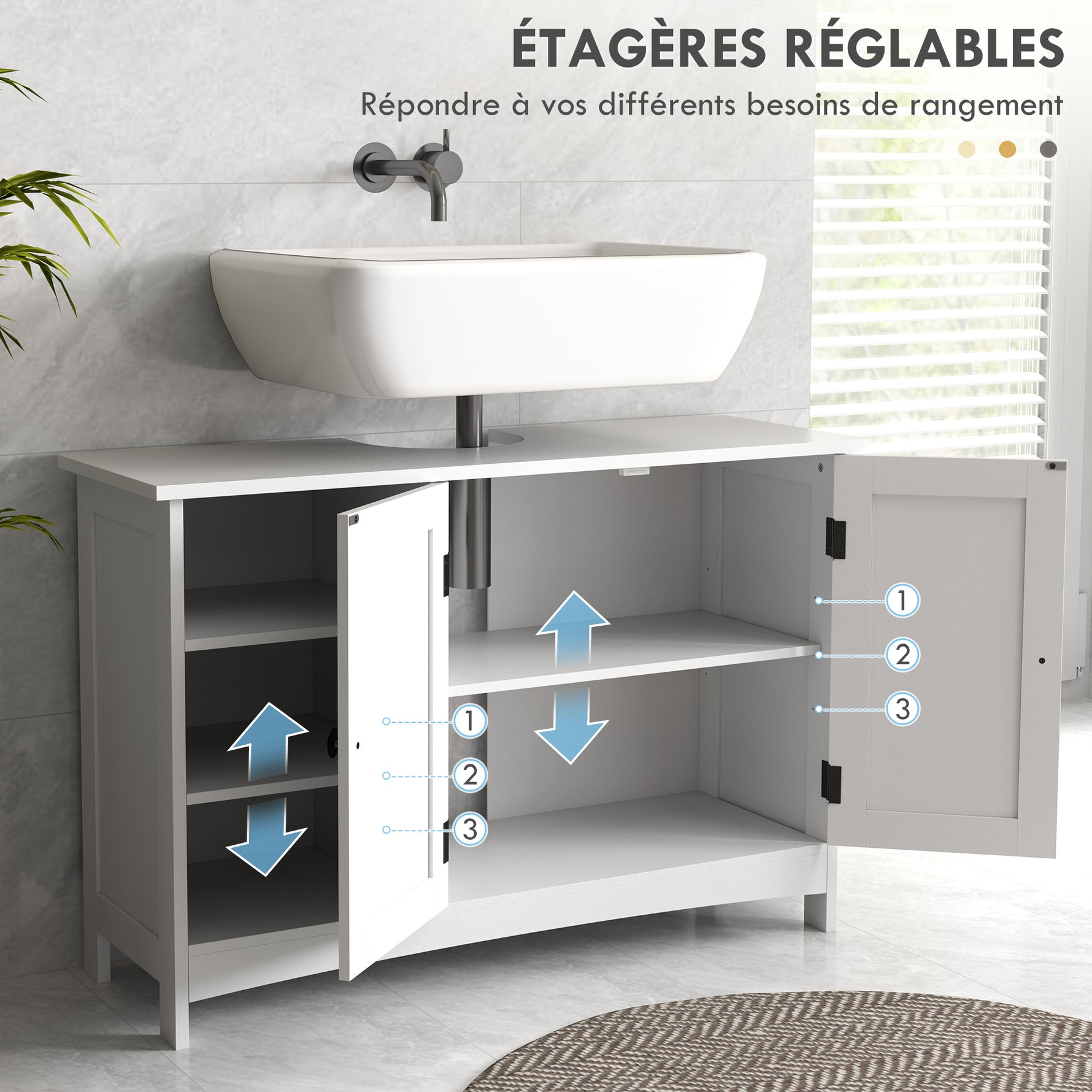 Meuble sous vasque lavabo salle de bain style classique placard 2 portes étagères réglables 90 x 30 x 60 cm blanc
