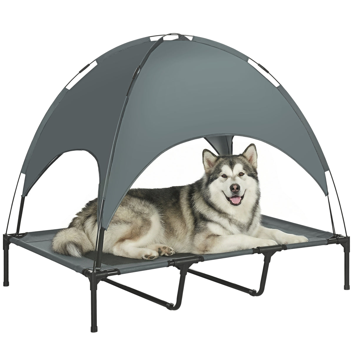 Lit Chien Sureleve avec Parasol, Lit de Camp Chien Chat sur Pieds Tissu Oxford Respirant, Anti-UV Cadre en Métal Sac de Transport Inclus Couchage Extérieur pour Chat 122 x 92 x 108 cm Gris Noir