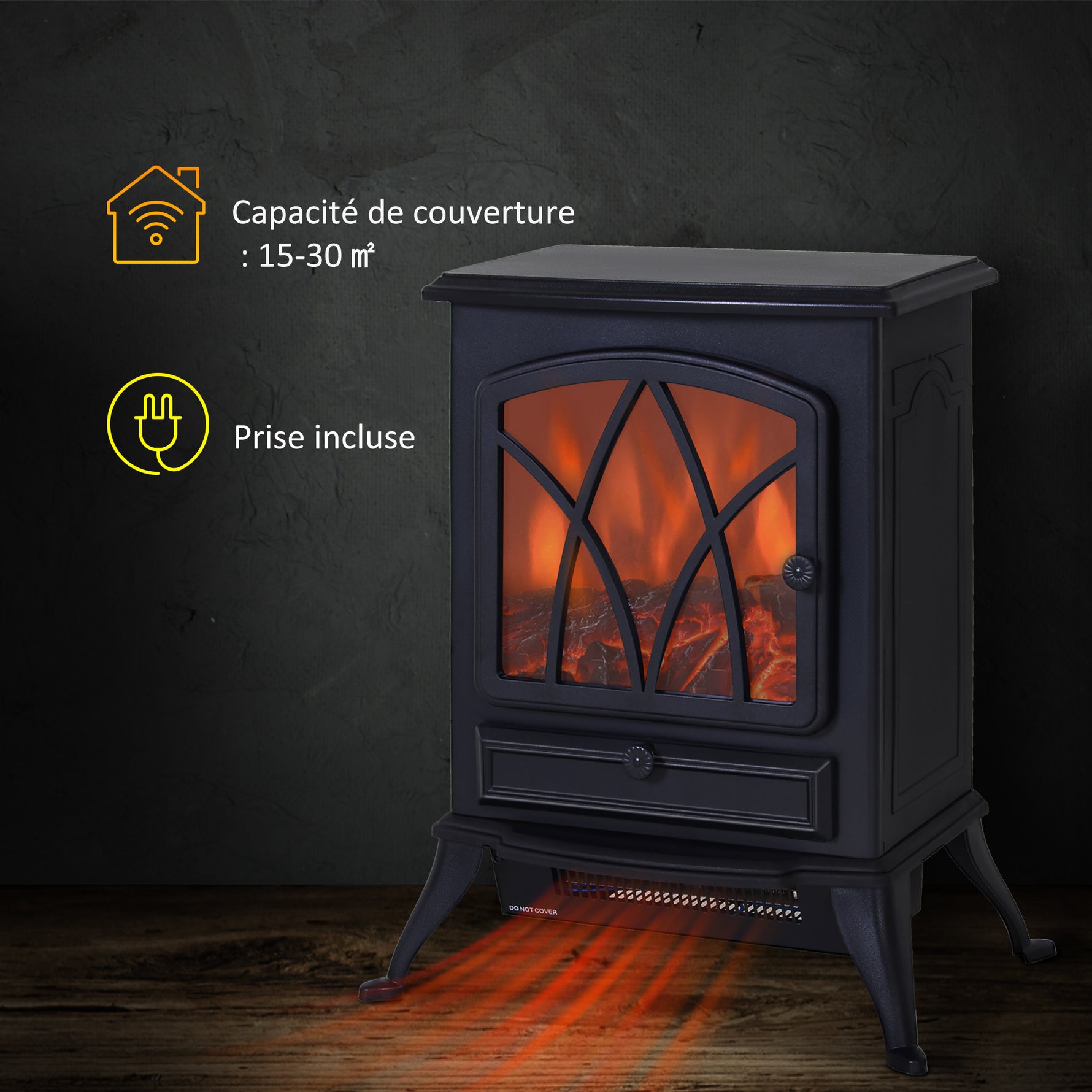 Cheminée électrique sur pied 1000/2000 W, fausse cheminée décorative avec effet flamme LED, protection contre la surchauffe, zone de couverture 15-30 m², noir