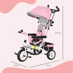 Grow-with-Me Kids Tricycle, Foldable Sun Canopy, Removable Telescopic Handle, 95 x 50 x 106 cm, Steel, Pink