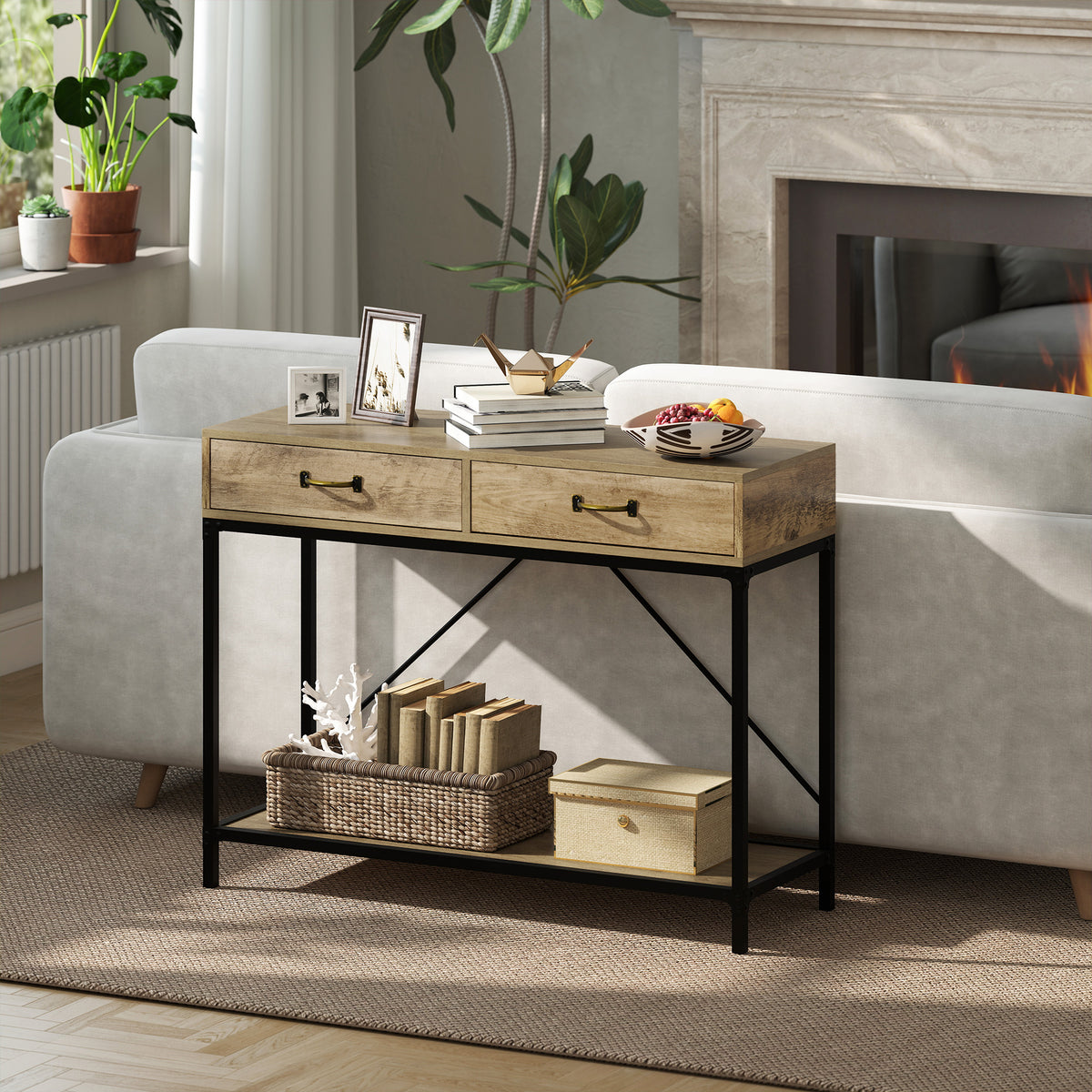 Table Console Table d'appoint d'entrée Industriel dim. 100L x 35l x 76H cm avec 2 tiroirs et 1 plateau Aspect Bois