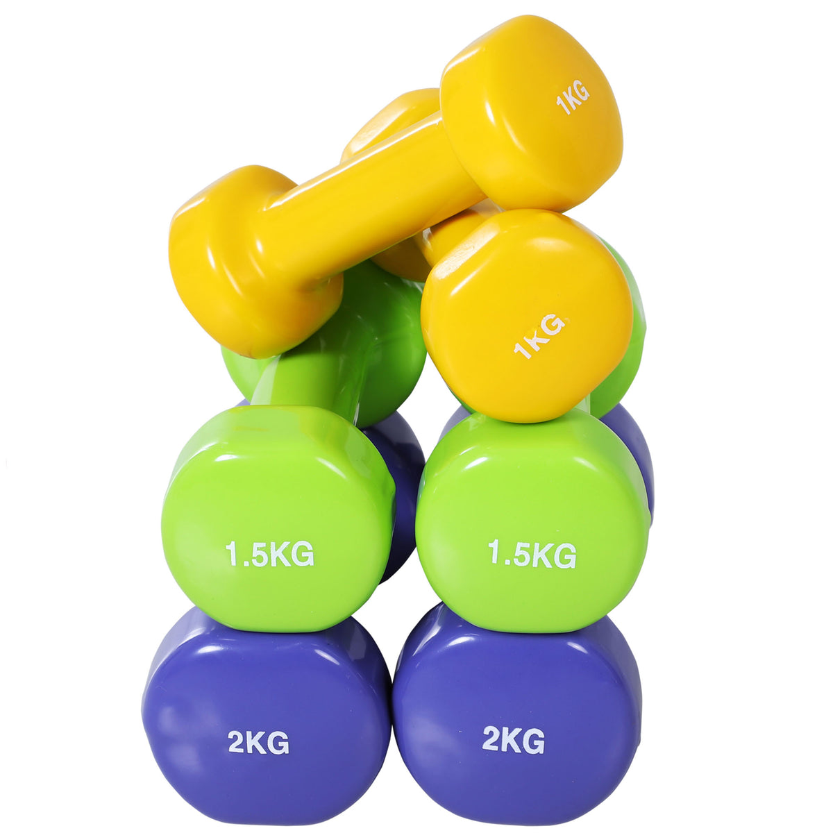 Ensemble d'haltères courtes total 10 Kg - paires de 0,5/1/1,5/2 Kg avec malette - entraînement musculaire & haltérophilie - métal PU rose, jaune, vert, violet