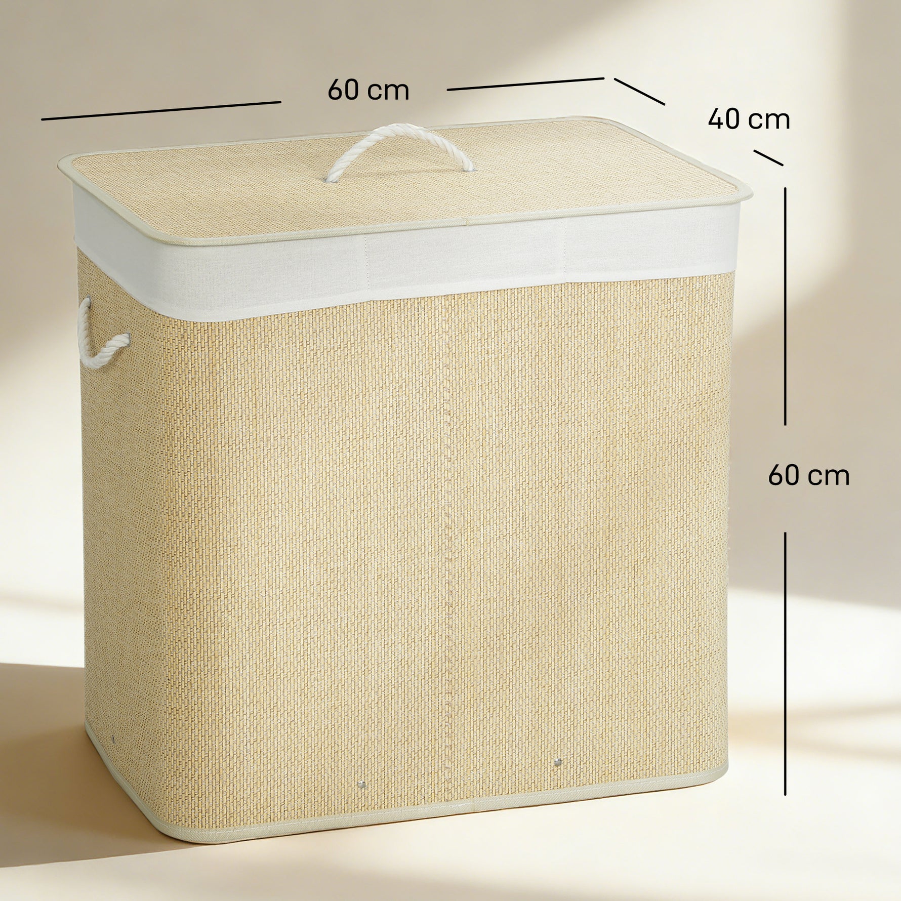 Panier à linge à trois compartiments avec couvercle, panier à linge en bambou 144 L avec poignées en corde