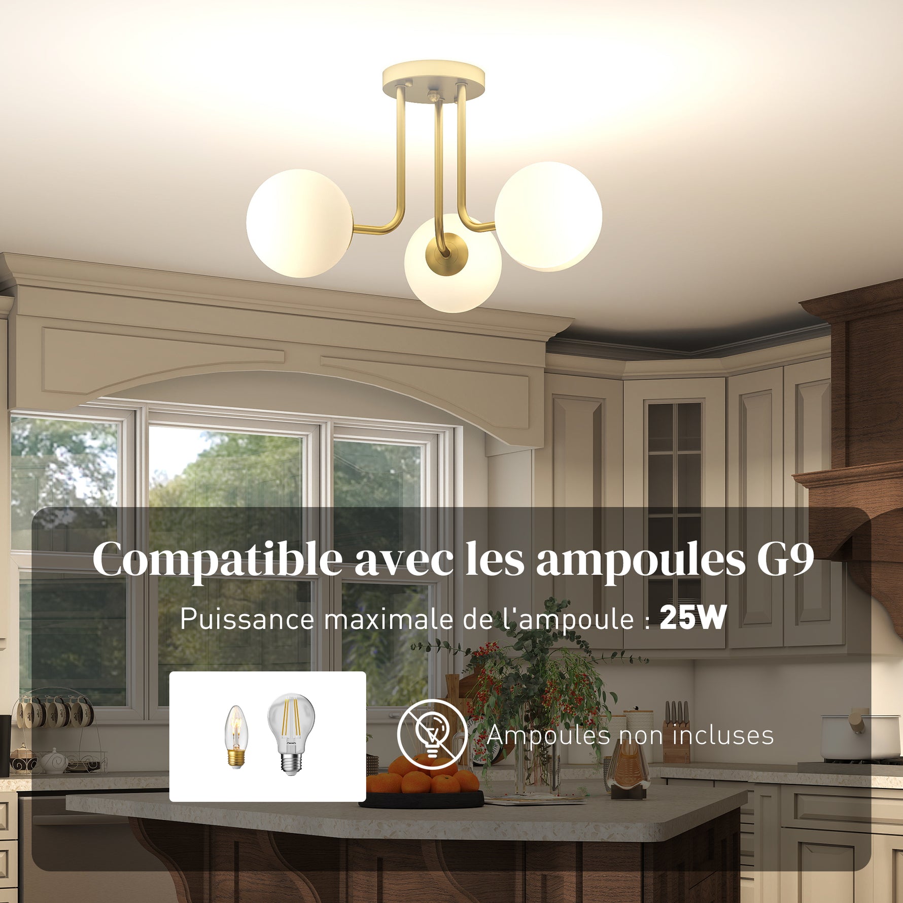 Plafonnier LED 25W, luminaire plafonnier 3 lumières avec douilles G9, abat-jour globe, 42 x 42 x 26,5 cm, doré