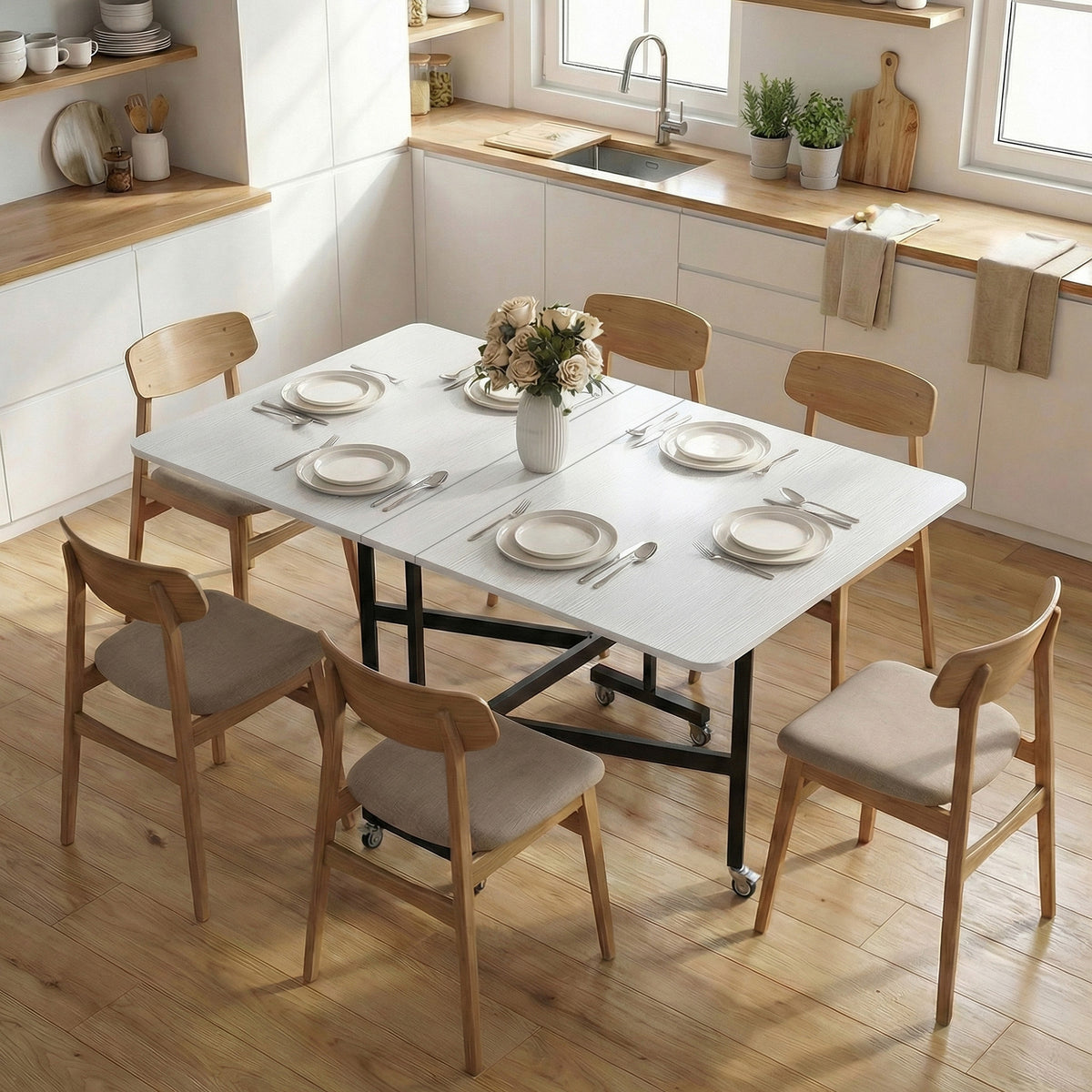 Tavolo da pranzo pieghevole con ruote per 4-6 persone 120 cm, ruote con freni, 2 ante a ribalta, stile industriale, bianco nero