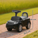 Porteur enfants voiture sous licence Land Rover, véhicule à pousser, klaxon, sons de moteur, rangement sous siège, noir