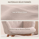Fauteuil avec repose pied, dossier haut, pieds en bois et tissu aspect velours côtelé, pour salon chambre à coucher beige