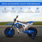 Moto Cross électrique Enfant 3 à 5 Ans 12 V 3-8 Km/h avec roulettes latérales Amovibles dim. 106,5L x 51,5l x 68H cm Bleu