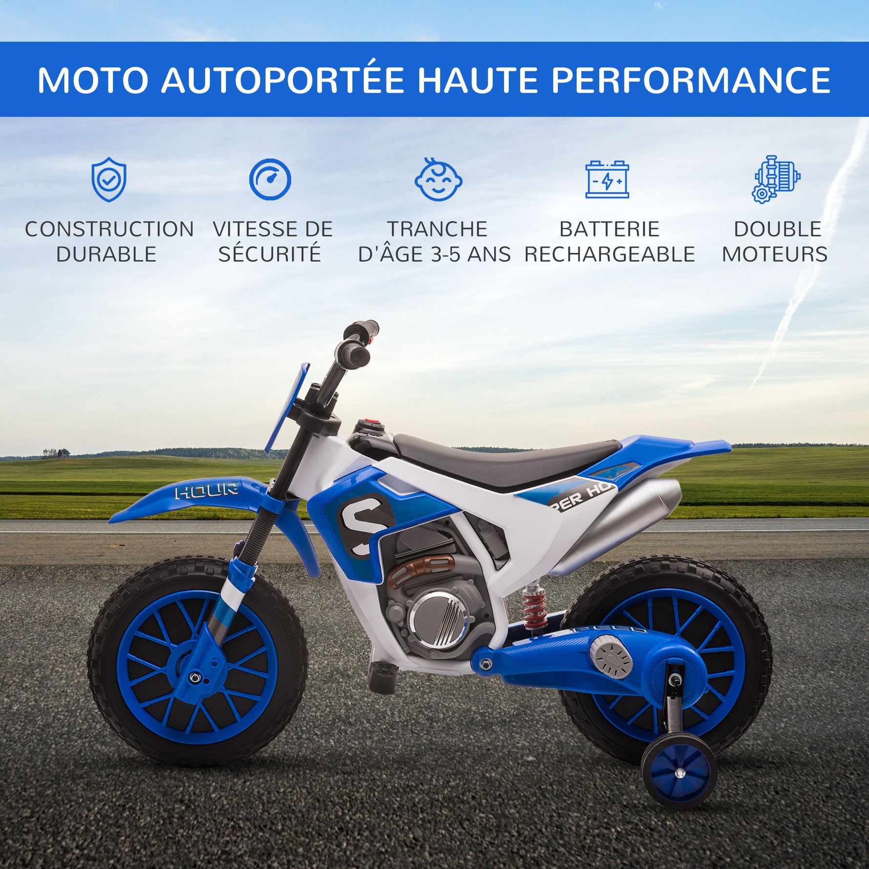 Moto Cross électrique Enfant 3 à 5 Ans 12 V 3-8 Km/h avec roulettes latérales Amovibles dim. 106,5L x 51,5l x 68H cm Bleu