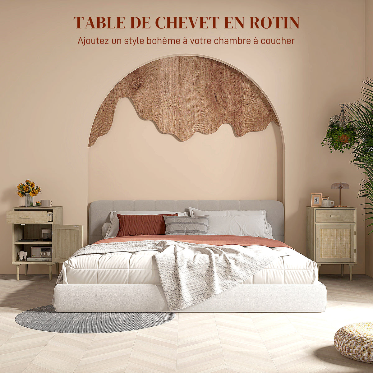 Table de chevet avec placard et étagère porte rotin tissé 1 tiroir design bohème - 40 x 40 x 68,5 cm naturel
