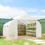 Serre Tunnel de Jardin 13,35 m² dim. 4,5L x 3l x 2H m Porte + 6 fenêtres enroulables Acier galvanisé bâche PE Haute densité Blanc