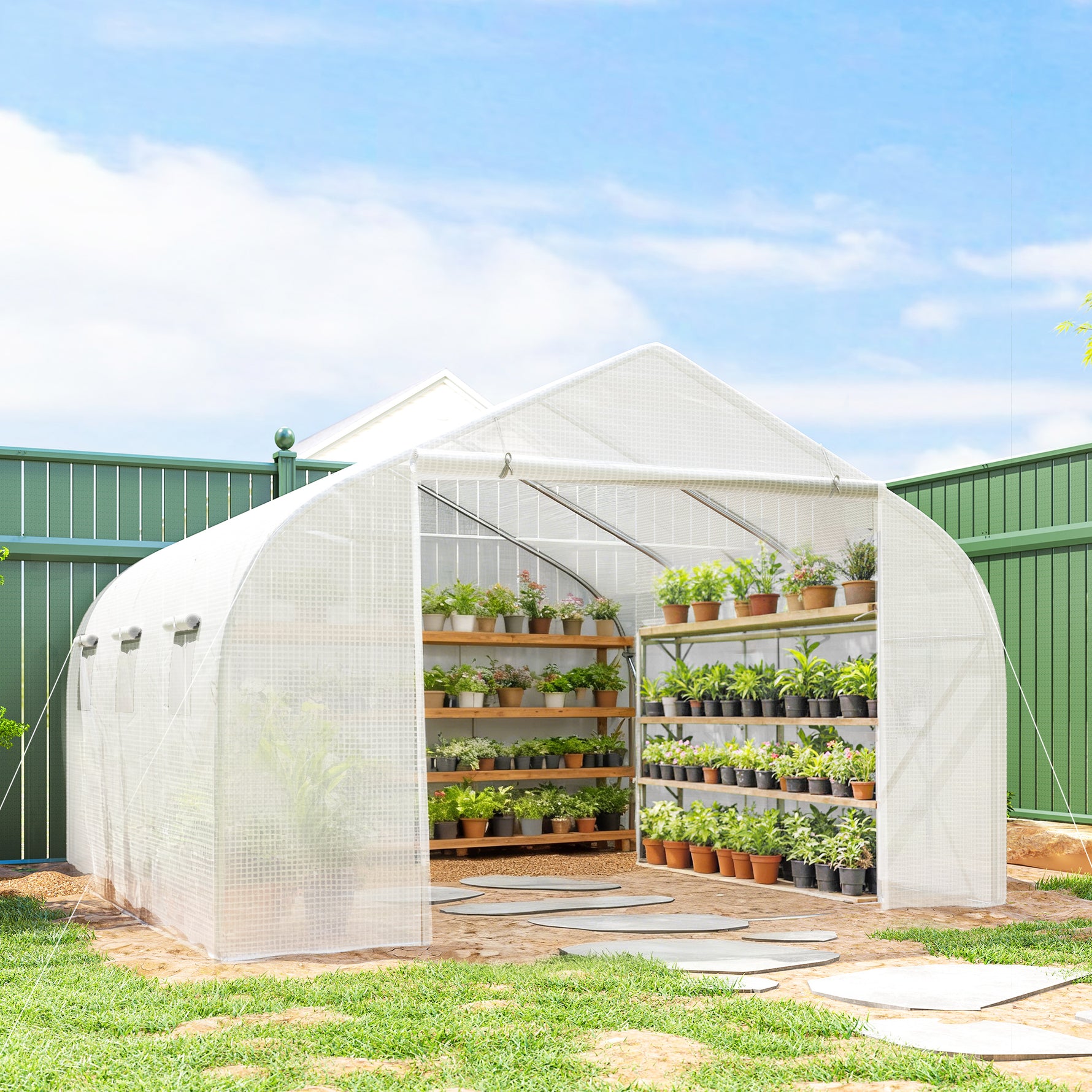 Serre Tunnel de Jardin 13,35 m² dim. 4,5L x 3l x 2H m Porte + 6 fenêtres enroulables Acier galvanisé bâche PE Haute densité Blanc