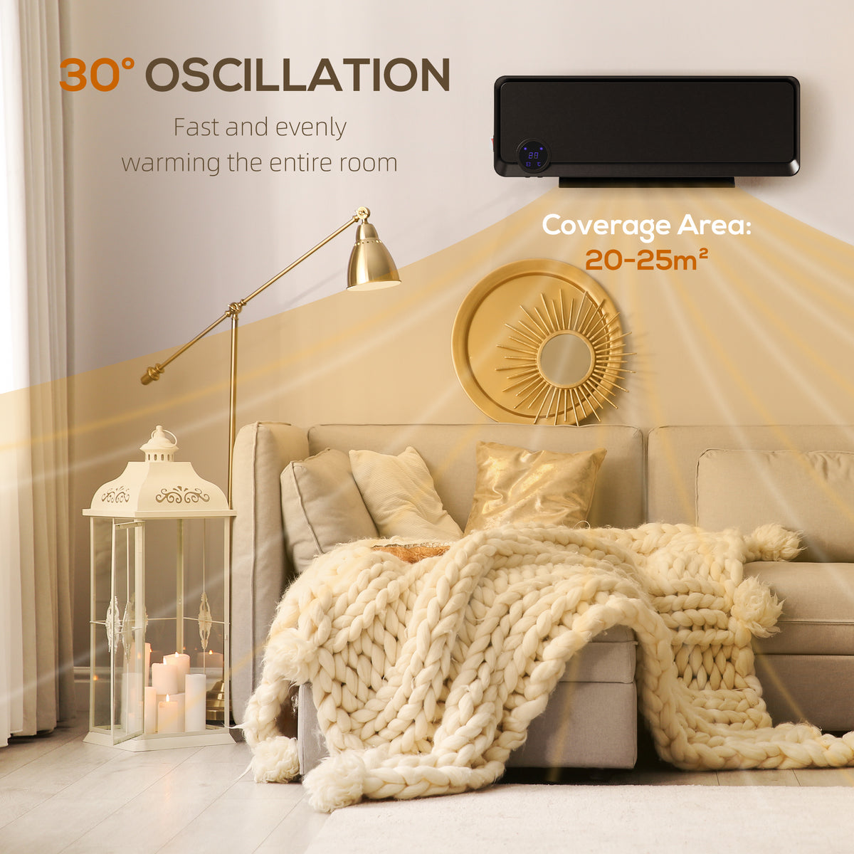 Oscillerende wandventilator 2000 W, PTC-keramische verwarming, 3 vermogensniveaus, 56x11,7x18,5 cm, Zwart
