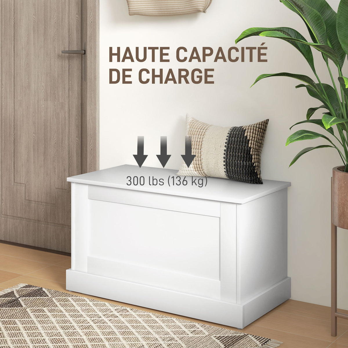 Baúl de almacenaje, baúl de juguetes, con bisagra de seguridad, para salón, de madera, 80 x 40 x 45 cm, blanco