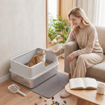 Bac Litière pour Chat en INOX Couvercle Bords Hauts Pelle et Tapis Anti-Adhérent Anti-Odeurs 60x40x30cm Gris Clair