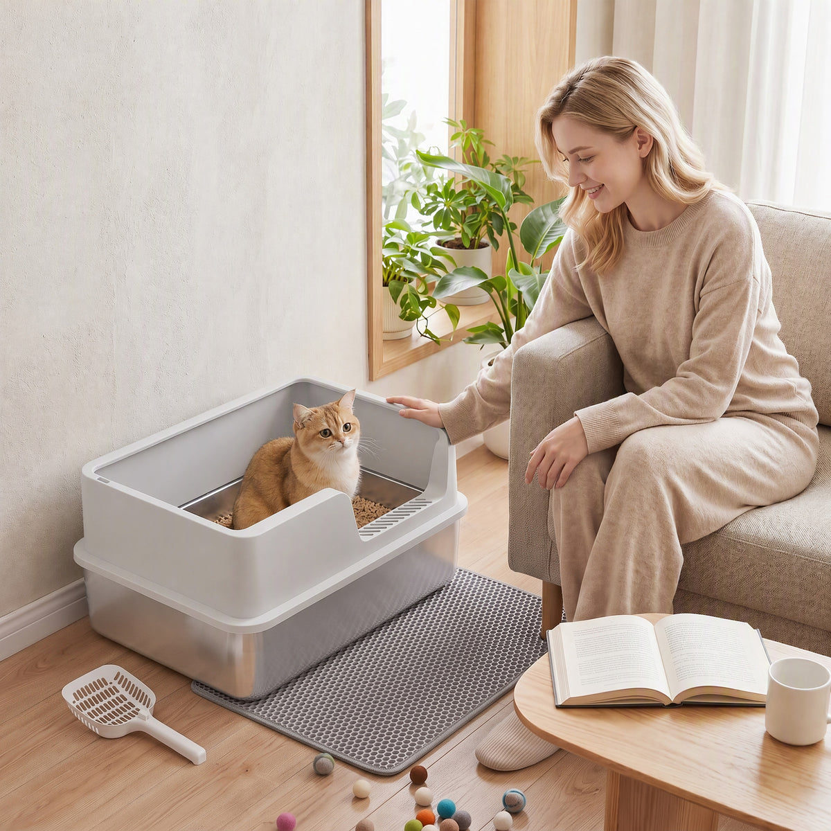 Bac Litière pour Chat en INOX Couvercle Bords Hauts Pelle et Tapis Anti-Adhérent Anti-Odeurs 60x40x30cm Gris Clair